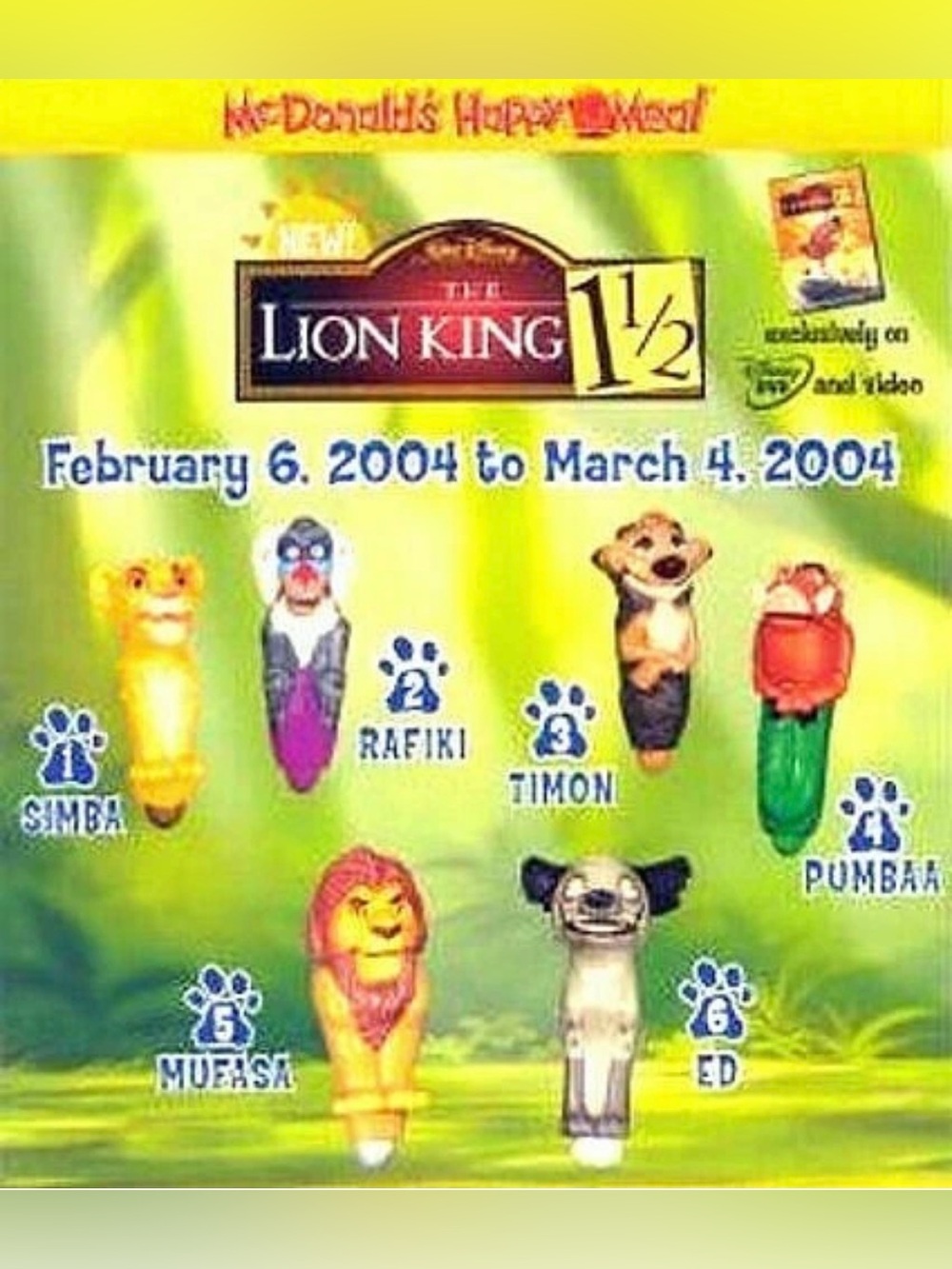 McDonalds 2003-2004 Lion King 1-1/2 Complete Set 6 Happy Meal Toys MIP Vintage